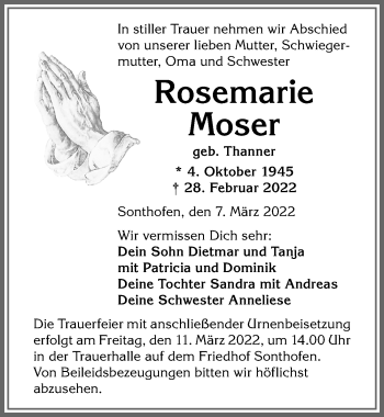 Traueranzeige von Rosemarie Moser von Allgäuer Anzeigeblatt