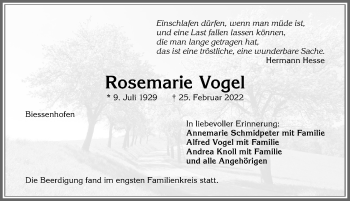 Traueranzeige von Rosemarie Vogel von Allgäuer Zeitung, Marktoberdorf