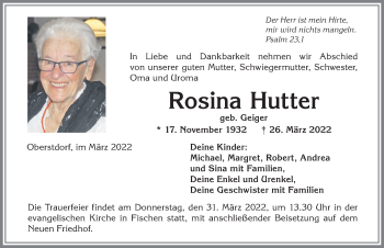 Traueranzeige von Rosina Hutter von Allgäuer Anzeigeblatt