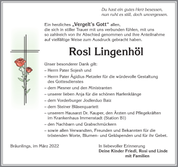 Traueranzeige von Rosl Lingenhöl von Allgäuer Anzeigeblatt