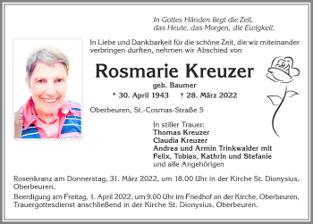 Traueranzeige von Rosmarie Kreuzer von Allgäuer Zeitung, Kaufbeuren/Buchloe
