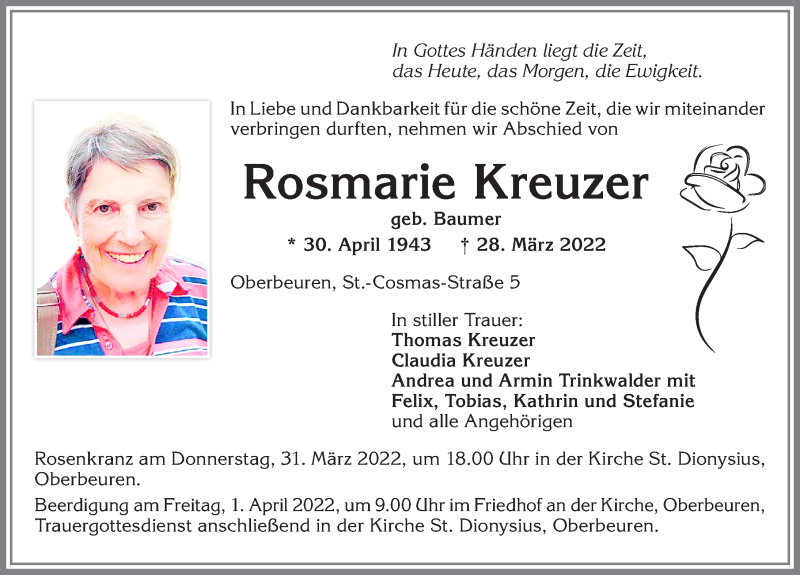  Traueranzeige für Rosmarie Kreuzer vom 30.03.2022 aus Allgäuer Zeitung, Kaufbeuren/Buchloe