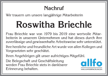 Traueranzeige von Roswitha Briechle von Allgäuer Zeitung,Kempten