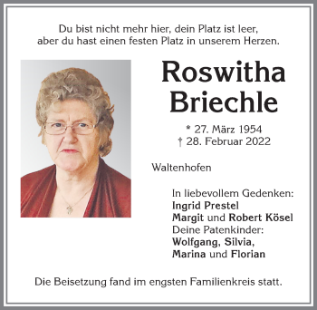 Traueranzeige von Roswitha Briechle von Allgäuer Zeitung,Kempten