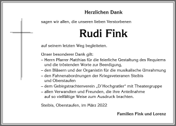 Traueranzeige von Rudi Fink von Allgäuer Anzeigeblatt
