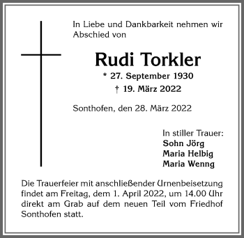 Traueranzeige von Rudi Torkler von Allgäuer Anzeigeblatt