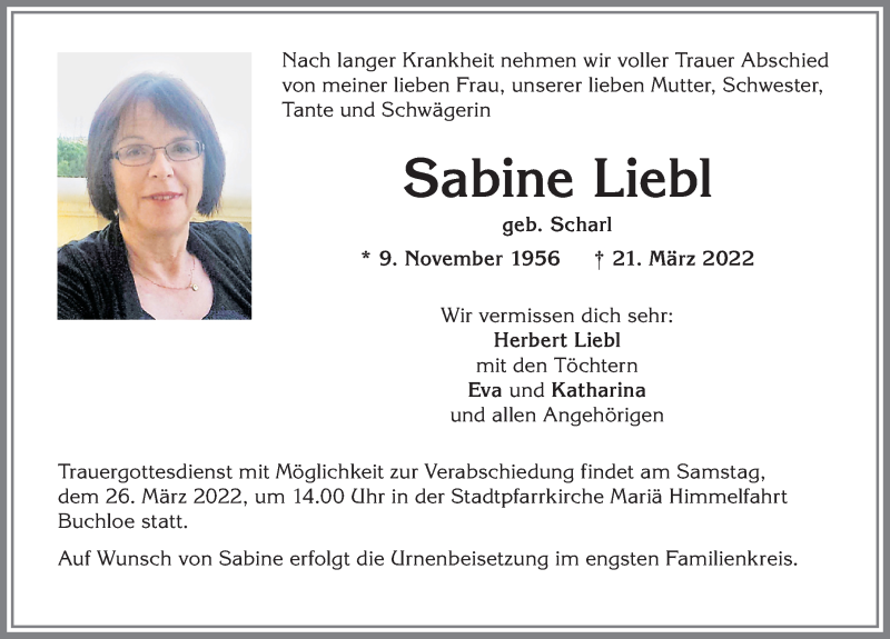 Traueranzeige für Sabine Liebl vom 23.03.2022 aus Allgäuer Zeitung, Kaufbeuren/Buchloe