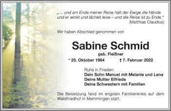Traueranzeige von Sabine Schmid von Memminger Zeitung
