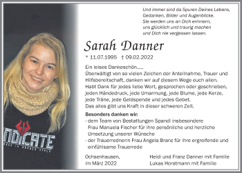 Traueranzeige von Sarah Danner von Memminger Zeitung