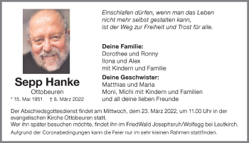 Traueranzeige von Sepp Hanke von Memminger Zeitung