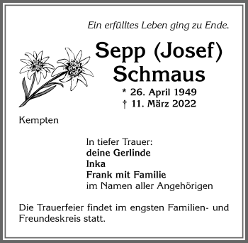 Traueranzeige von Sepp Schmaus von Allgäuer Zeitung,Kempten