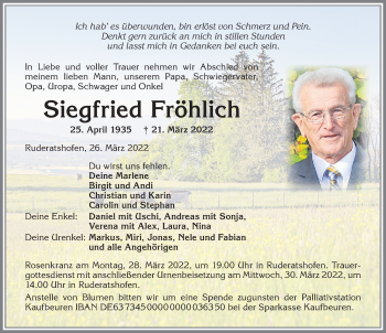 Traueranzeige von Siegfried Fröhlich von Allgäuer Zeitung, Marktoberdorf