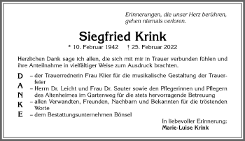 Traueranzeige von Siegfried Krink von Allgäuer Zeitung, Kaufbeuren/Buchloe