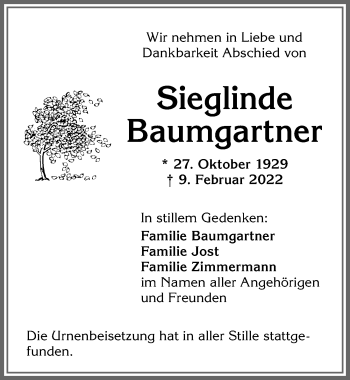 Traueranzeige von Sieglinde Baumgartner von Allgäuer Zeitung,Kempten