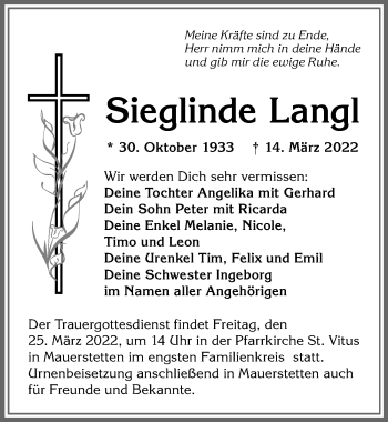 Traueranzeige von Sieglinde Langl von Allgäuer Zeitung, Kaufbeuren/Buchloe