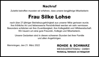 Traueranzeige von Silke Lohse von Memminger Zeitung