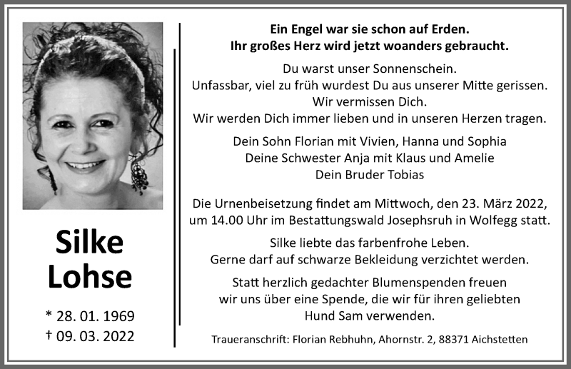  Traueranzeige für Silke Lohse vom 19.03.2022 aus Memminger Zeitung