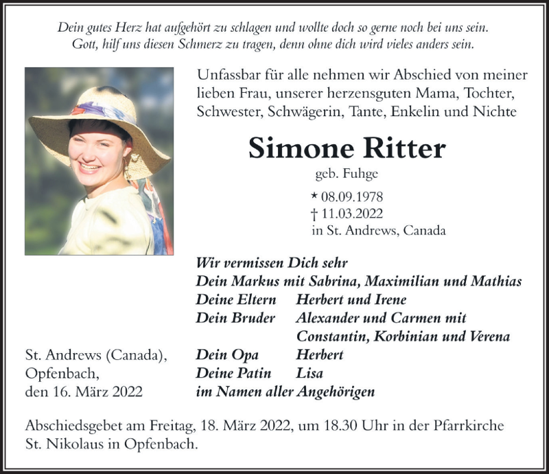  Traueranzeige für Simone Ritter vom 16.03.2022 aus Der Westallgäuer