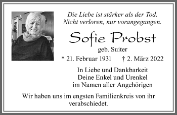 Traueranzeige von Sofie Probst von Allgäuer Zeitung, Füssen