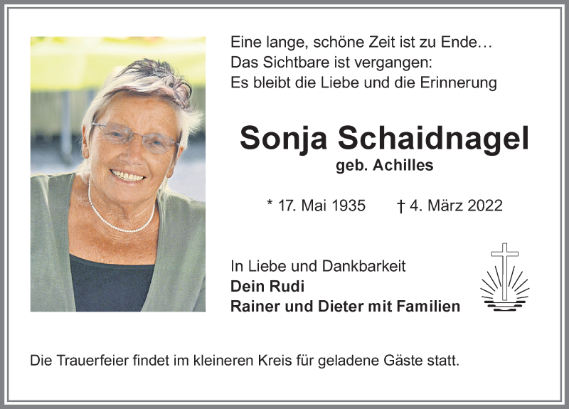  Traueranzeige für Sonja Schaidnagel vom 12.03.2022 aus Allgäuer Zeitung,Kempten