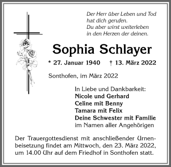 Traueranzeige von Sophia Schlayer von Allgäuer Anzeigeblatt