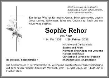 Traueranzeige von Sophie Rehor von Allgäuer Anzeigeblatt