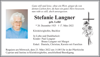 Traueranzeige von Stefanie Langner von Allgäuer Zeitung, Kaufbeuren/Buchloe