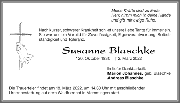 Traueranzeige von Susanne Blaschke von Memminger Zeitung