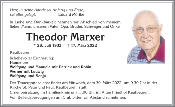 Traueranzeige von Theodor Marxer von Allgäuer Zeitung, Kaufbeuren/Buchloe