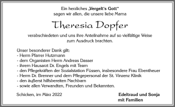 Traueranzeige von Theresia Dopfer von Allgäuer Zeitung, Füssen