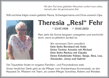 Traueranzeige von Theresia Fehr von Allgäuer Anzeigeblatt