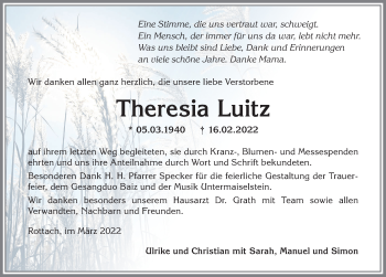 Traueranzeige von Theresia Luitz von Allgäuer Anzeigeblatt