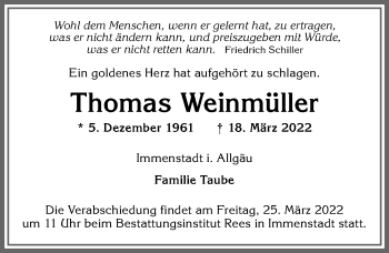 Traueranzeige von Thomas Weinmüller von Allgäuer Anzeigeblatt