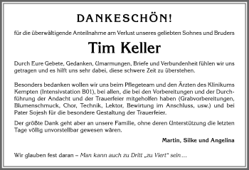Traueranzeige von Tim Keller von Allgäuer Anzeigeblatt