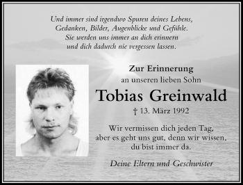 Traueranzeige von Tobias Greinwald von Der Westallgäuer