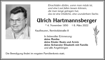 Traueranzeige von Ulrich Hartmannsberger von Allgäuer Zeitung, Kaufbeuren/Buchloe