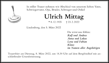 Traueranzeige von Ulrich Mittag von Der Westallgäuer