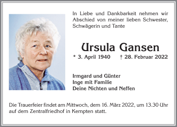 Traueranzeige von Ursula Gansen von Allgäuer Zeitung,Kempten