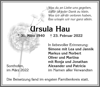 Traueranzeige von Ursula Hau von Allgäuer Anzeigeblatt