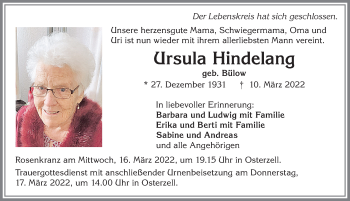 Traueranzeige von Ursula Hindelang von Allgäuer Zeitung, Kaufbeuren/Buchloe