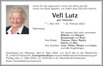 Traueranzeige von Vefi Lutz von Allgäuer Zeitung, Marktoberdorf
