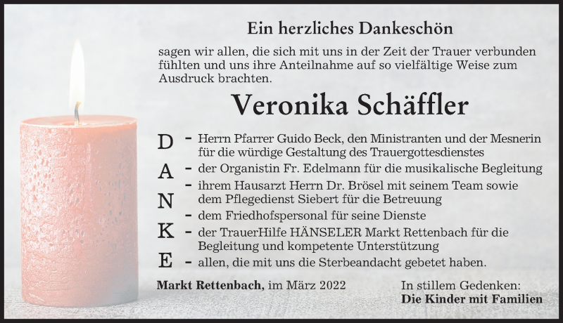  Traueranzeige für Veronika Schäffler vom 23.03.2022 aus Memminger Zeitung