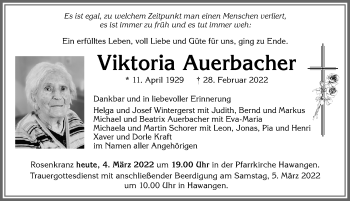Traueranzeige von Viktoria Auerbacher von Memminger Zeitung