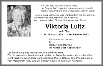 Traueranzeige von Viktoria Luitz von Allgäuer Zeitung,Kempten