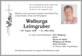 Traueranzeige von Walburga Leimgruber von Allgäuer Anzeigeblatt