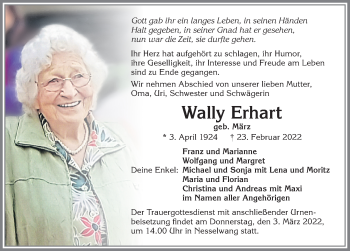 Traueranzeige von Wally Erhart von Allgäuer Zeitung, Füssen