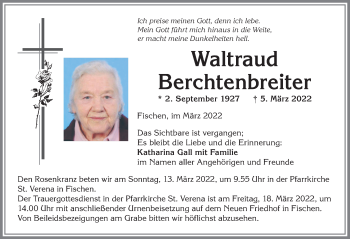 Traueranzeige von Waltraud Berchtenbreiter von Allgäuer Anzeigeblatt