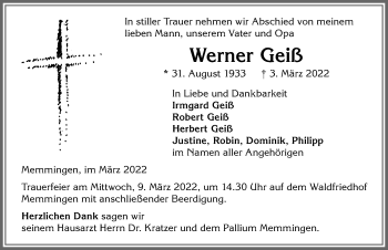 Traueranzeige von Werner Geiß von Memminger Zeitung