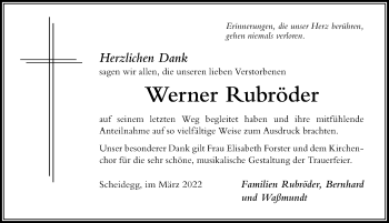 Traueranzeige von Werner Rubröder von Der Westallgäuer