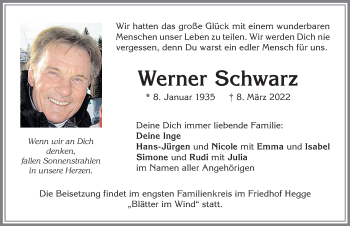 Traueranzeige von Werner Schwarz von Allgäuer Anzeigeblatt